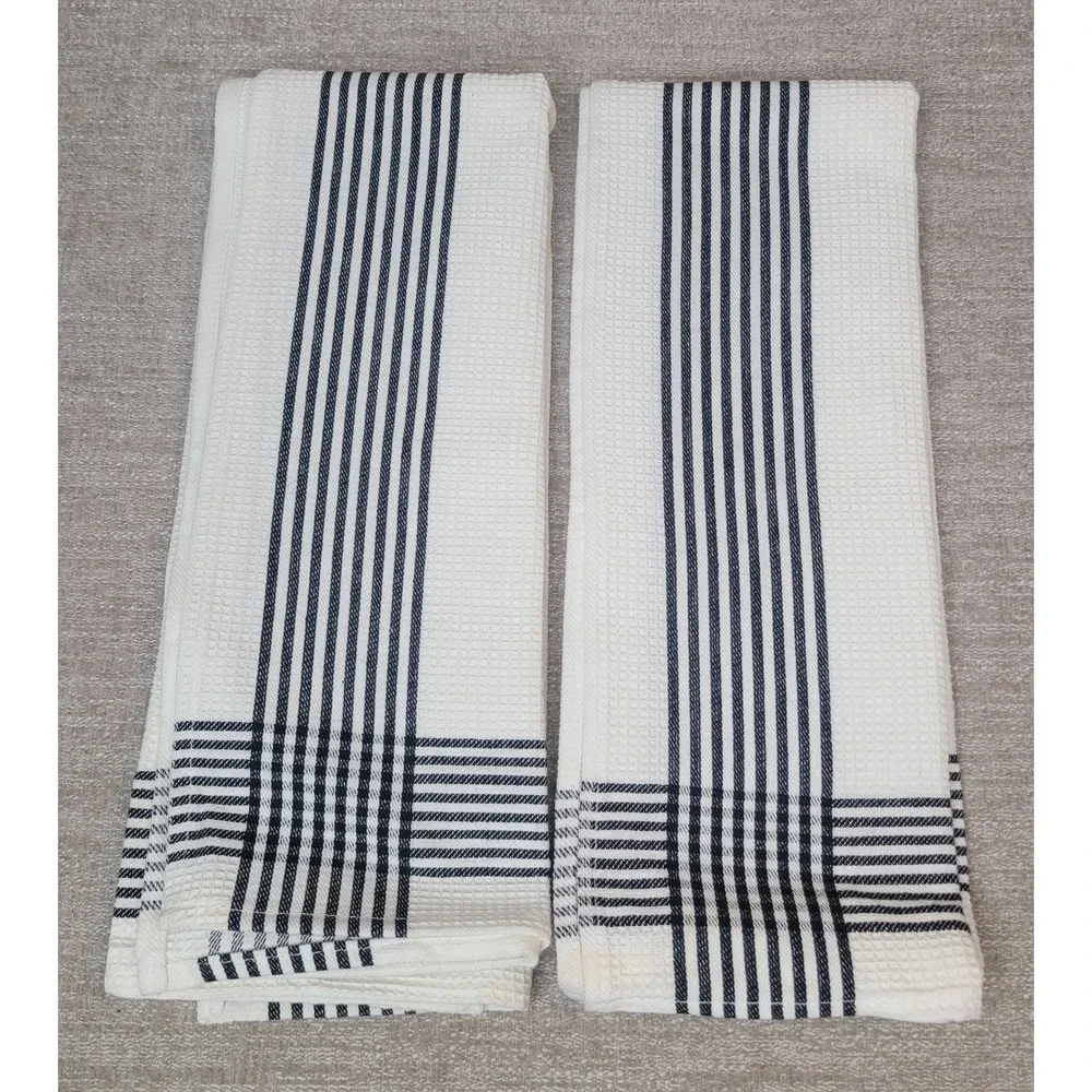 Crate & Barrel Waffle Dishtowel Black & White Stripes 100% Cotton Set of 2 - NEW